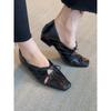 Sheepskin~ Square Head Pleated Hollow Mary Jane Shoes Women's Bow French Temperament Low Heel Single Shoes Light Mouth Small Leather Shoes
