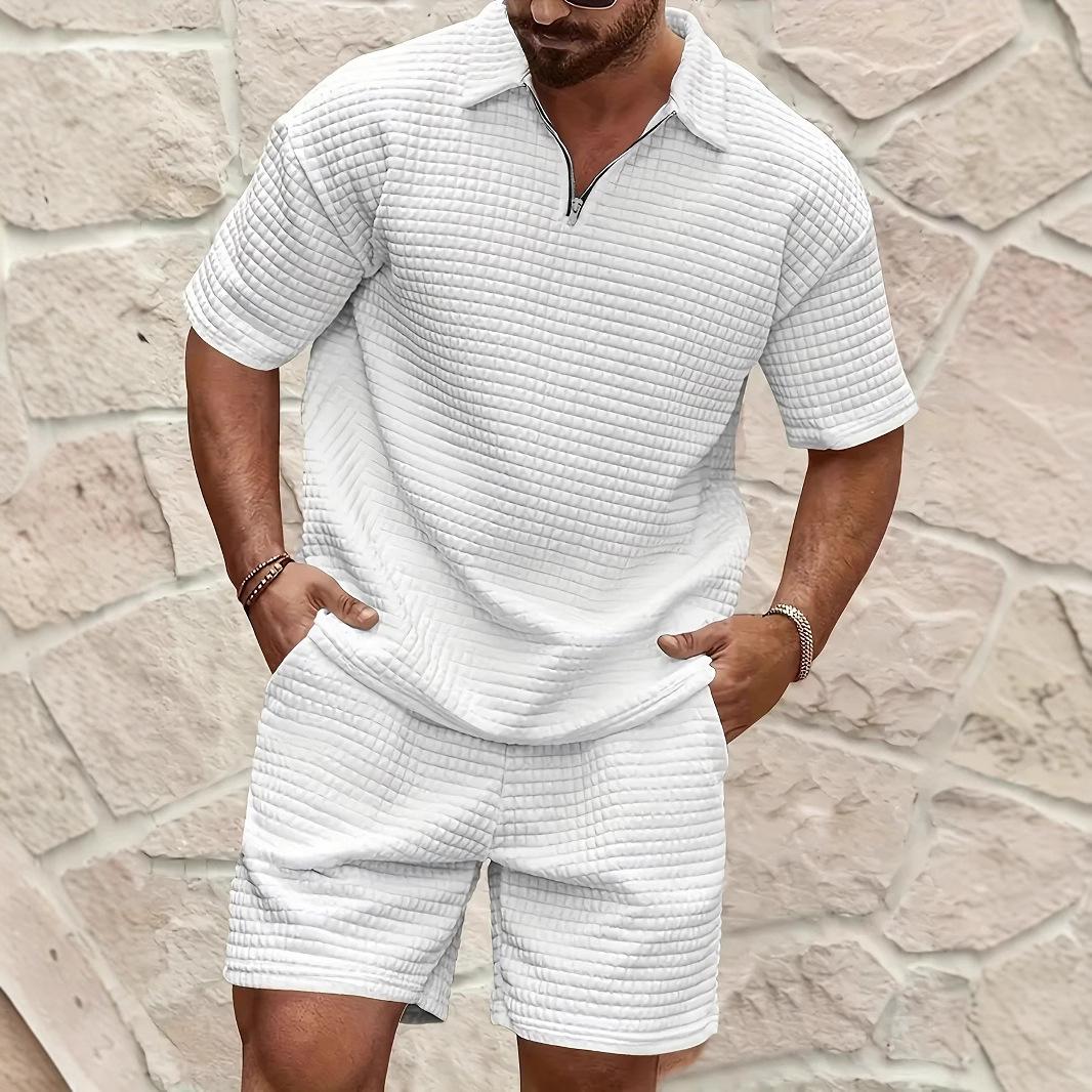 

Men s Black Textured Polo Shirt with Half-Zip & Matching Shorts - Casual Sportswear Set S белый