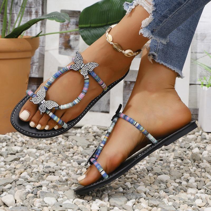Summer new large size women's style foot set rhinestone decorative flat bottom butterfly sandals women