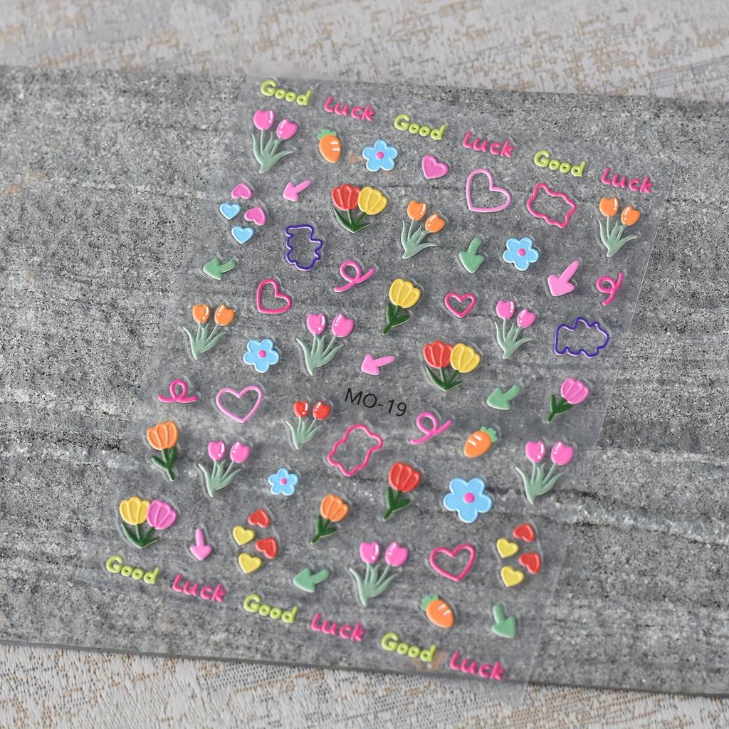 1pc 3D Embossed Flower Nail Art Stickers - Cartoon Cute Self-Adhesive Glossy Nail Decals with Vibrant Floral Designs, Hearts & Stars for DIY Manicure