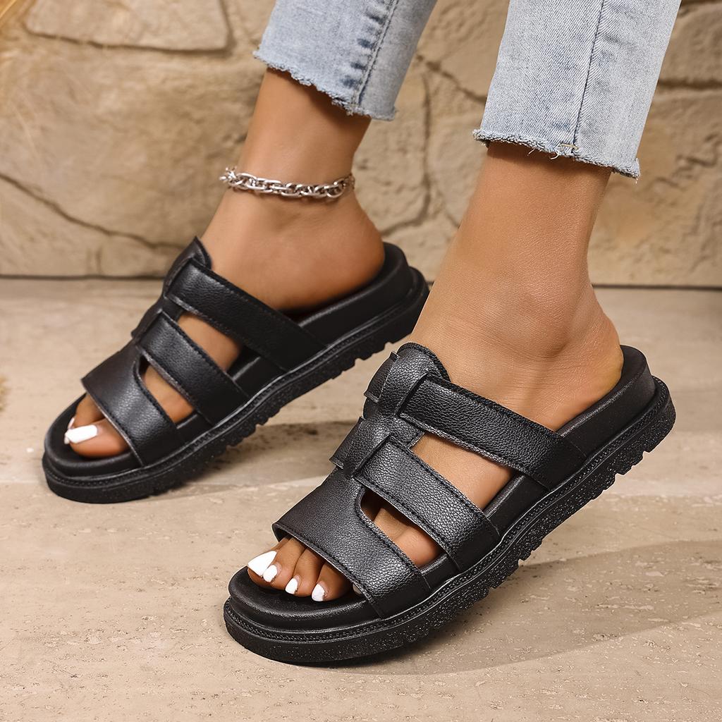 Mote Dameslippers Britisk Stil Roma Sko Damer Spenne Komfortable Myke Sommer Flate Plattformsandaler Metall Fritidsslippers Slides Damer