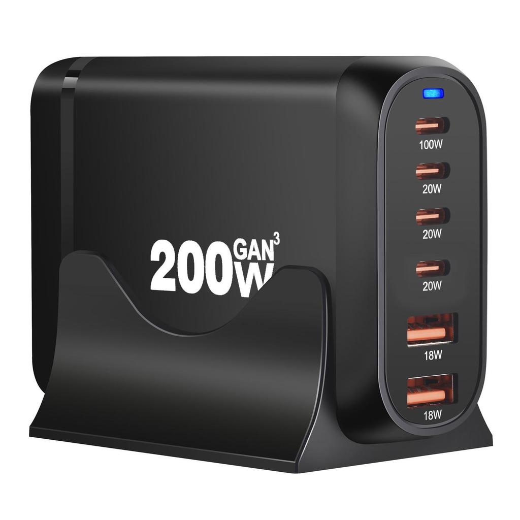 200W Gallium Nitride Multifunctional Desktop Charger with 3A3C Ports - Universal Fast PD Charging Adapter