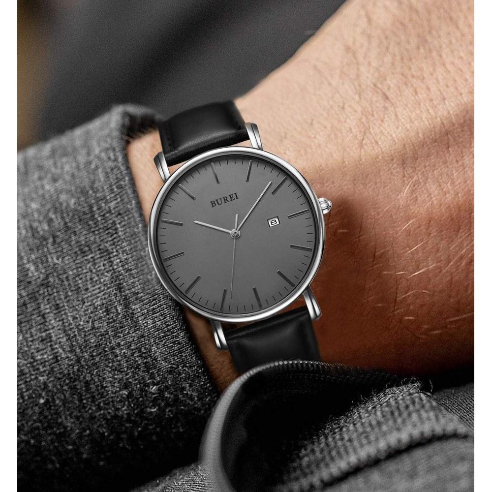 BUREI Men's Waterproof Analog Fashion Watch Black Silver Simple Wristwatch