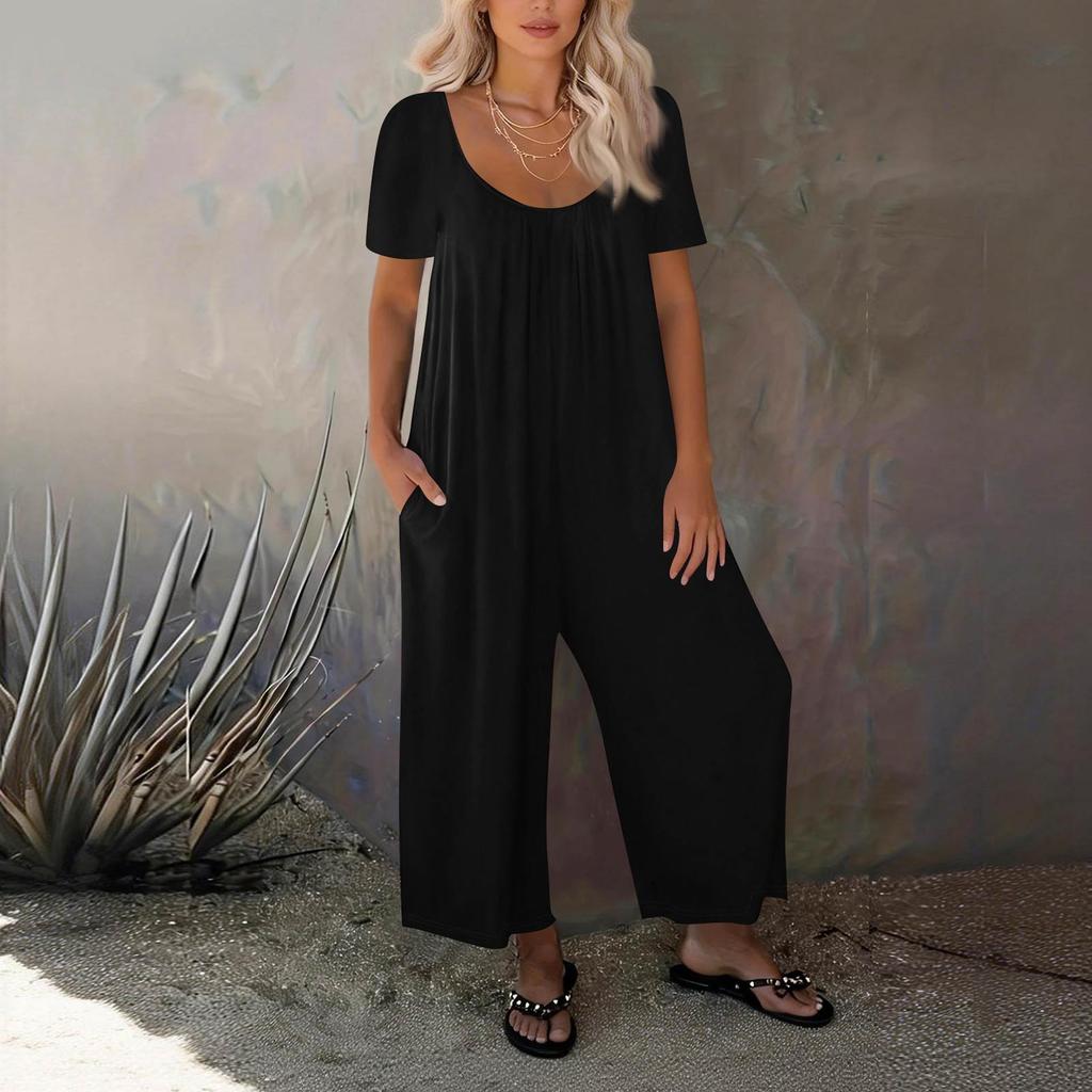 Women's Fashionable Casual Relaxed Fit Pocketed Short Sleeve Jumpsuit