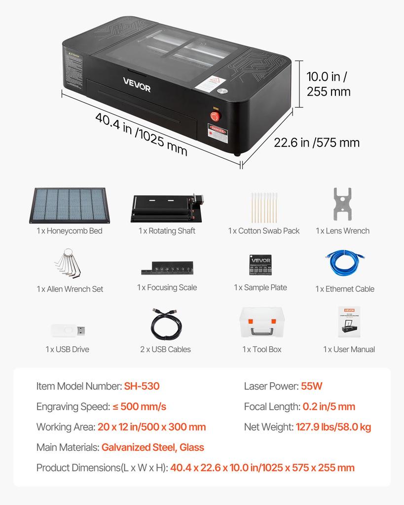 VEVOR 55W CO2 Laser Engraver, 500 X 300 Mm, Desktop CO2 Laser Engraver and Cutter Machine with 16MP Camera, Water Pump, Rotary Axis