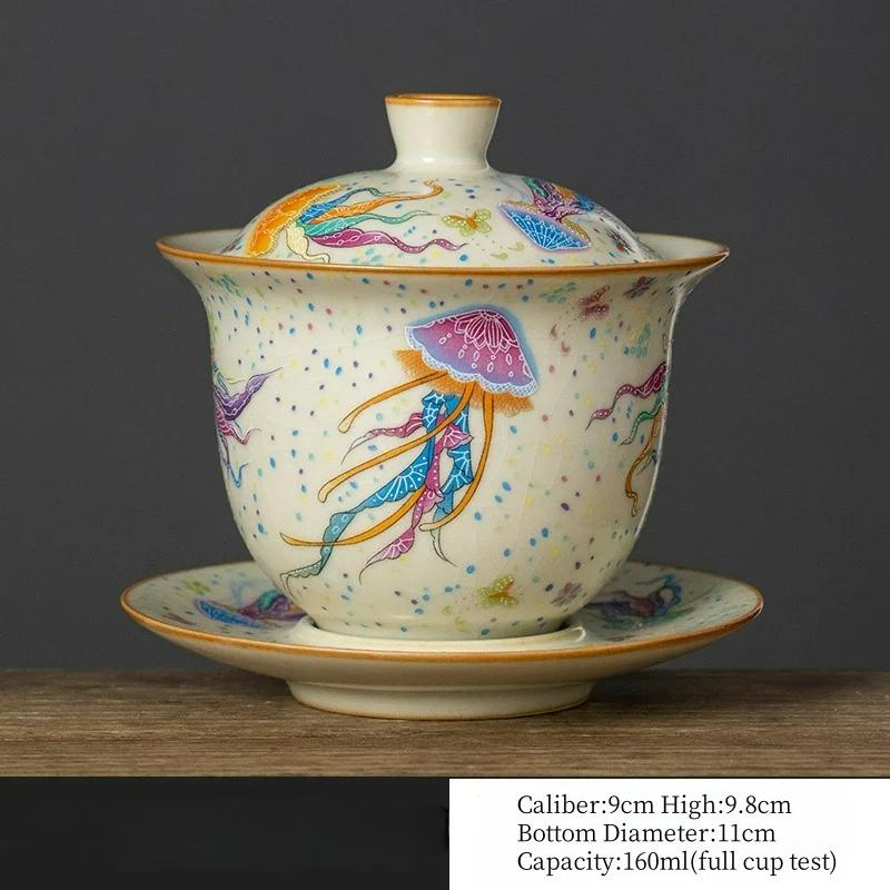 

160ml ceramic traditional Ru kiln lid tea bowl hand-painted jellyfish with lid tea making kung fu tea set 160