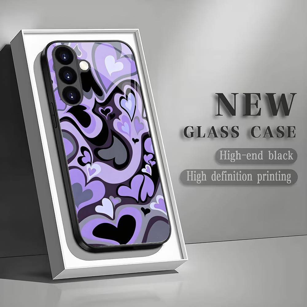 Purple heart-shaped black glass phone case suitable for Samsung Galaxy S26 S25 S24 S23 S22 S20FE/Ultra/Plus anti drop back cover