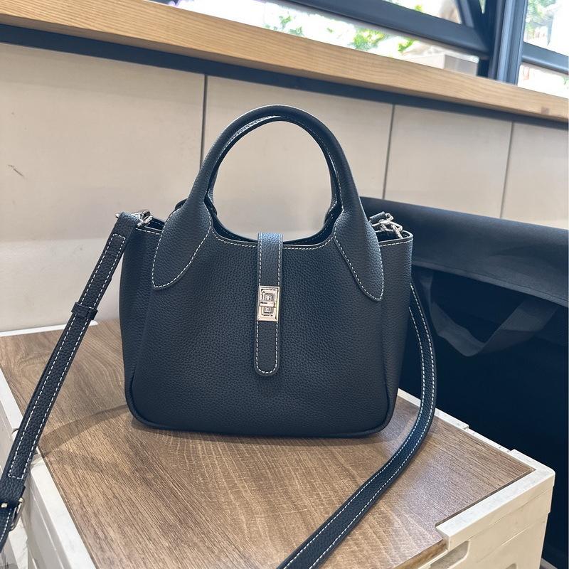 New Leather Women's Bag First Layer Cowhide Li Pattern Leather High-end Feeling Hand Carrying Bucket Bag Women's Lychee Pattern Basket Bag