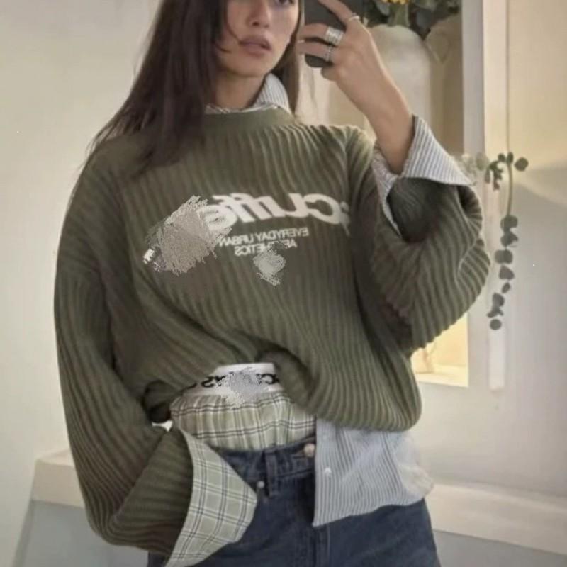 Oversized Knit Sweater Women Men Winter Casual Streetwear Letter Embroidery Contrast Color Crewneck Pullover