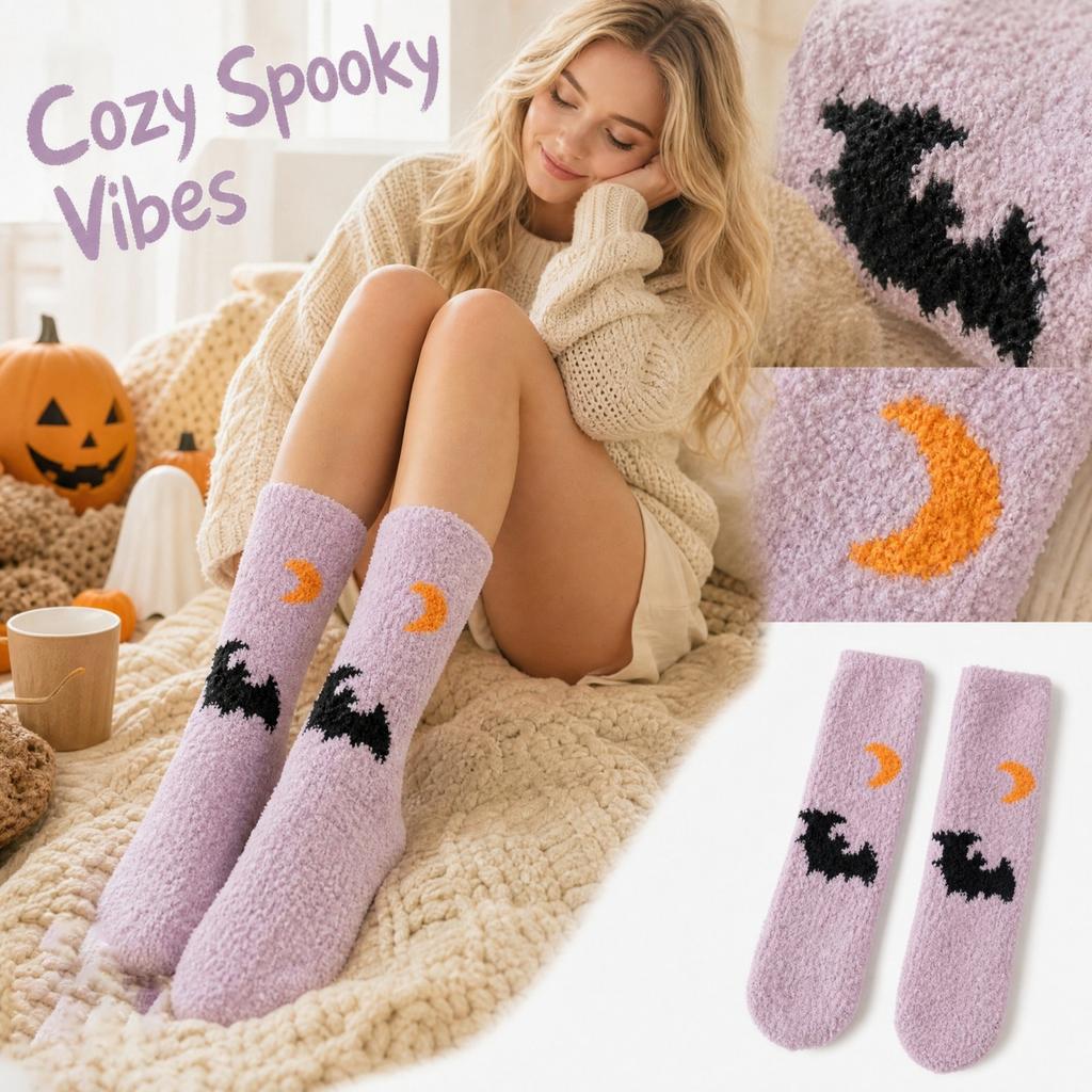 Damskie Grube Ciepłe Skarpety do Połowy Łydki z Zabawnym Uroczym Wzorem Halloweenowym do Przytulnego Domowego Ubrania