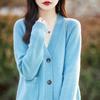 Women's 100% Wool V-Neck Cardigan with Pockets - Loose, Versatile Solid Color Sweater for Autumn & Winter.