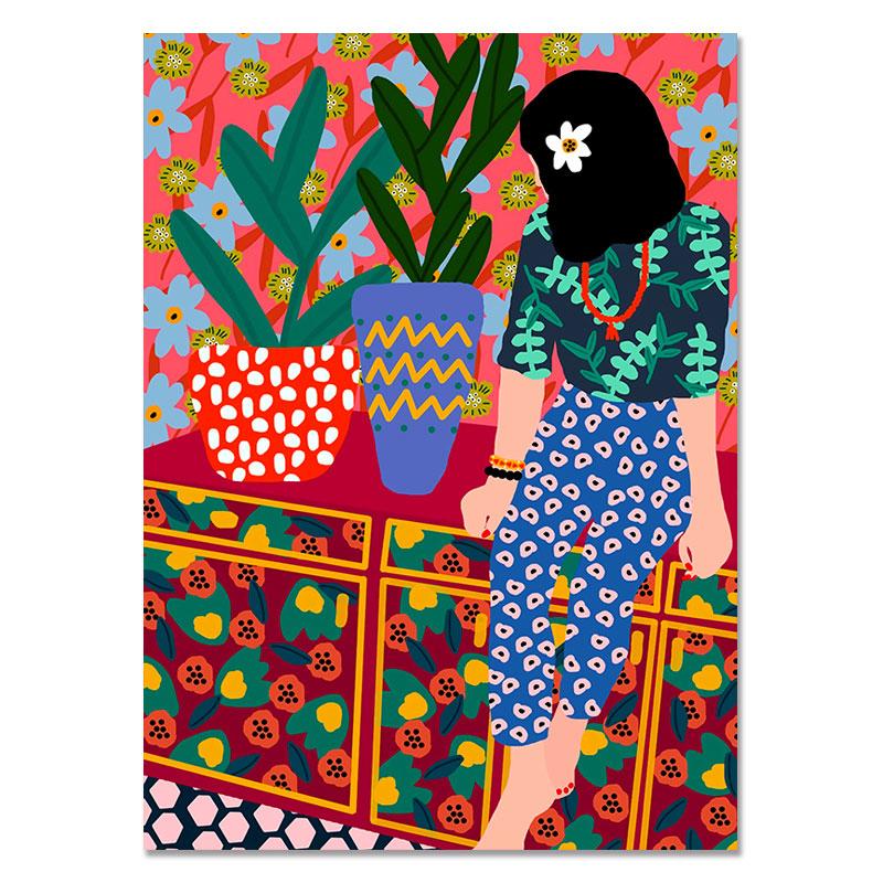 Abstract Fashion Vintage Girl Plant Dog Wall Art Canvas Painting Nordic Posters And Prints Wall Pictures For Living Room Decor