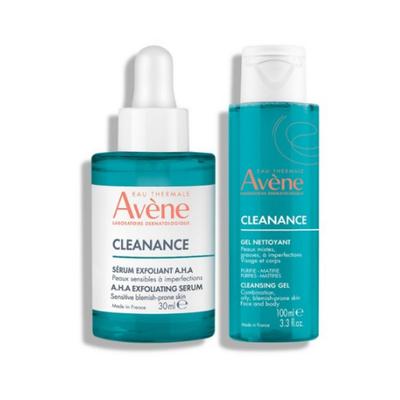Avène Cleanance A.H.A. Serums (30 ml) + Avène putojošs sejas mazgāšanas līdzeklis ar zemu pH līmeni (100 ml) — 1 komplekts