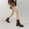 Autumn and winter temperament thick heel fashion boots women's square head waterproof table metal buckle soft leather side zipper commuter