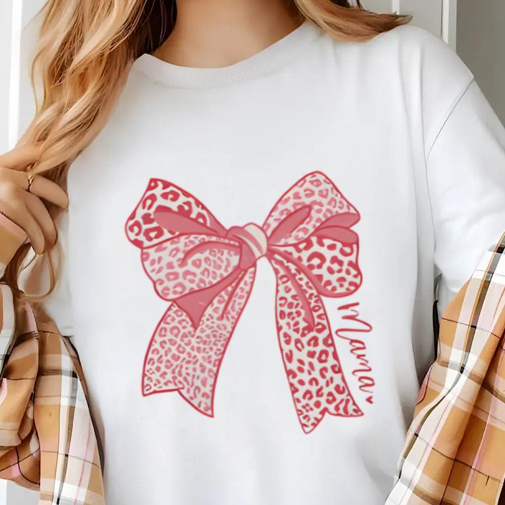 

New Leopard print bow print women s round neck t-shirt summer casual short sleeved top street fashion women s versatile XL