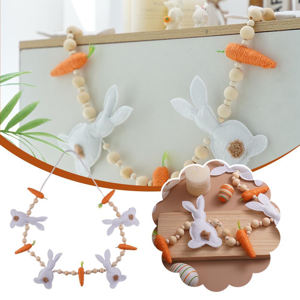 Ghirlanda Coniglio di Pasqua, Ghirlanda di Pasqua con Perline di Legno a Forma di Carota per Decorazioni da Appendere sul Mantello, Forniture per Festa Caccia alle Uova di Pasqua