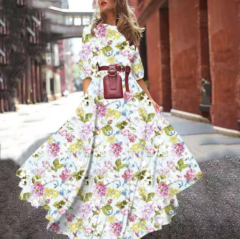 2025 Frühling und Herbst neues Kleid bedrucktes Pendeltemperament Chiffon-Blumen-dünnes Kleid