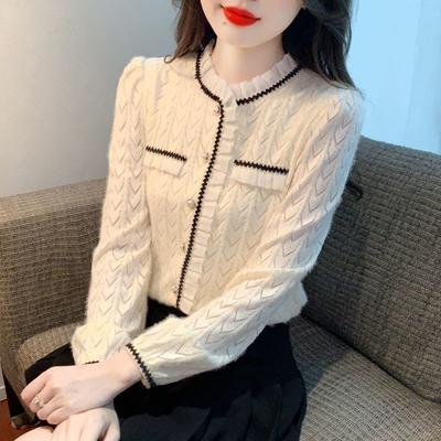 Women Ruffle Collar Contrast Lace Hollow Out Long Sleeve Blouse