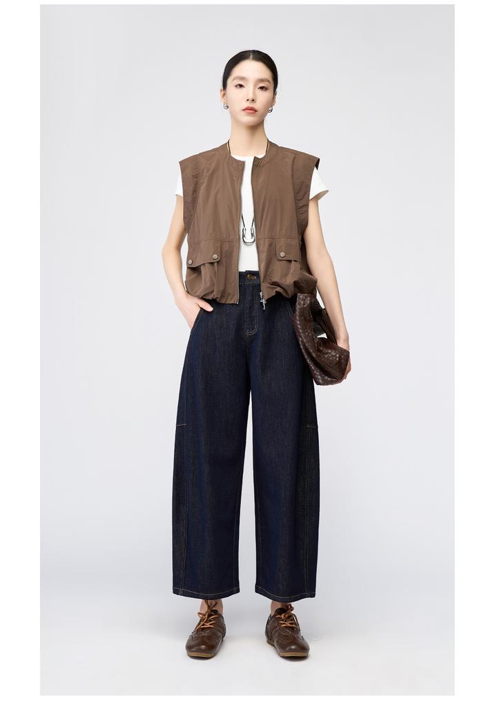 Split curved knife straight leg jeans for women, new season retro denim blue loose wide leg pants