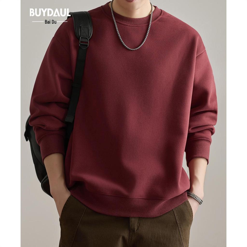 Men's American Style Heavyweight Crewneck Sweatshirt - New Autumn Arrival, Trendy, Loose, Solid Color, Versatile Casual Base Layer.