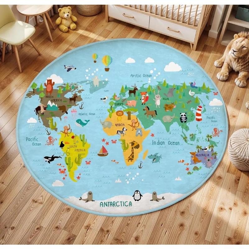 Children's Play Round Floor Mat Animal World Map Printed Carpet Children's Bedroom Bedside Non Slip Foot Mat Home Decoration
