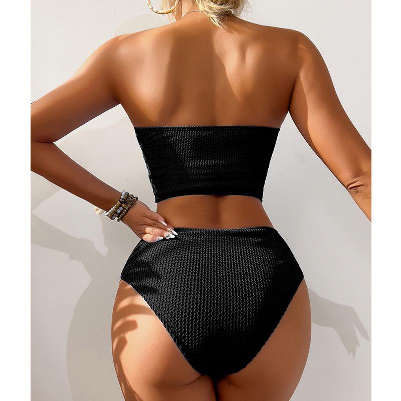 2025 Solid Color High Waist Bandeau Bodycon Bikini Set - European & American Style
