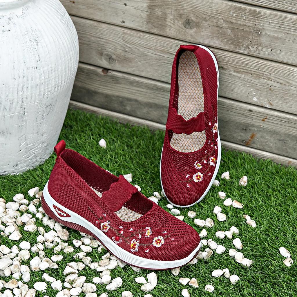 Fashion Women Fashion Leisure Flat Shoes Spring Autumn Flat Square Toe Knitting Elastic Soft Sole Comfortable Slip-on Shoes Plus Size 43