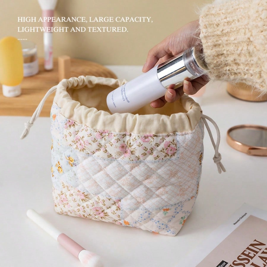 Drawstring Cosmetic Bag With Embossed Print, Large Capacity Drawstring Cosmetic Bag