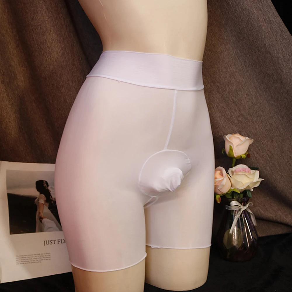 Sheer Shiny Ultra-Thin Boxer Short Men Pantyhose Sissy Penis Pouch Underwear High Waist Nylon Plus Size Open Peni Sheath Tights
