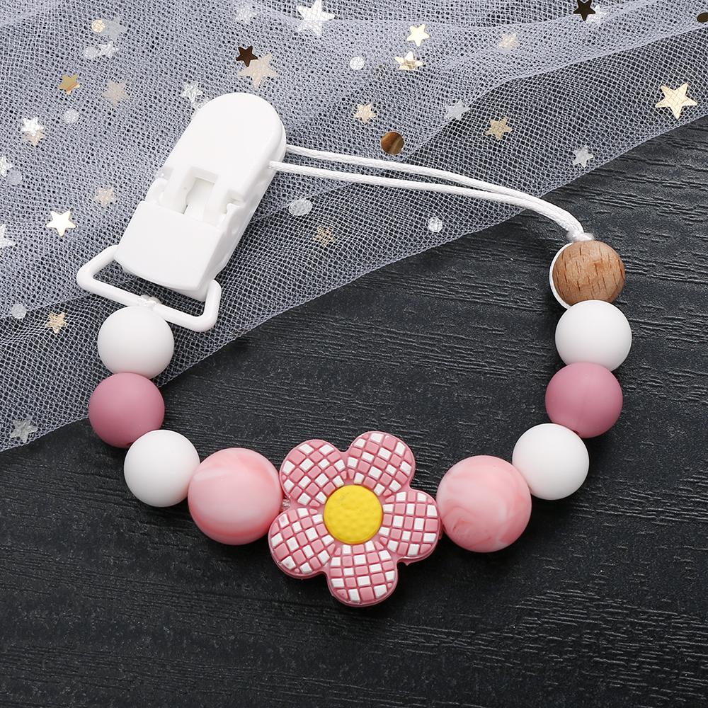 New Baby Pacifier Clips Silicone Flower Beads Baby Pacifier Chain Teether Teething Toys Dummy Clip Holder Chain Clip Baby Gifts