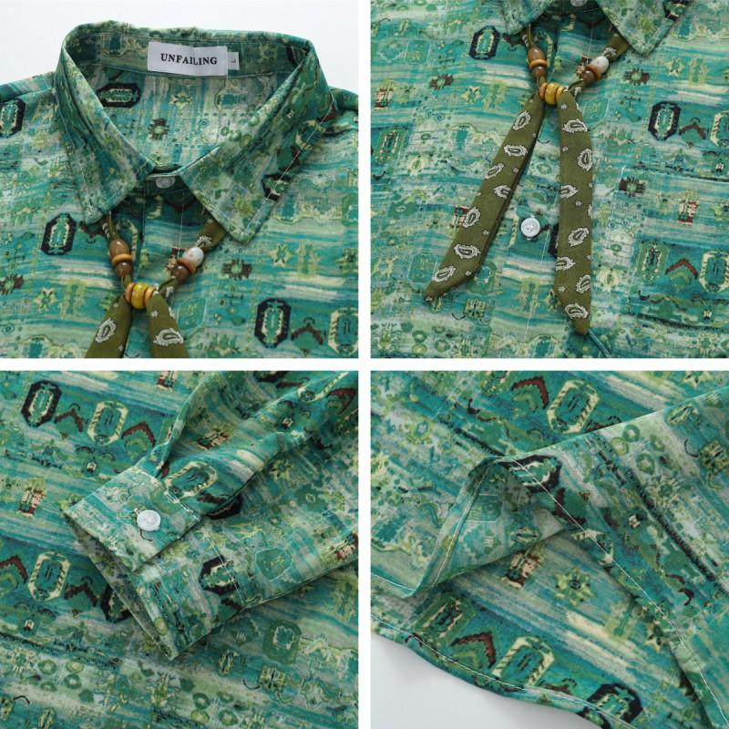 American Vintage Green Tribal Print Long Sleeve Shirt Loose Fit Teens