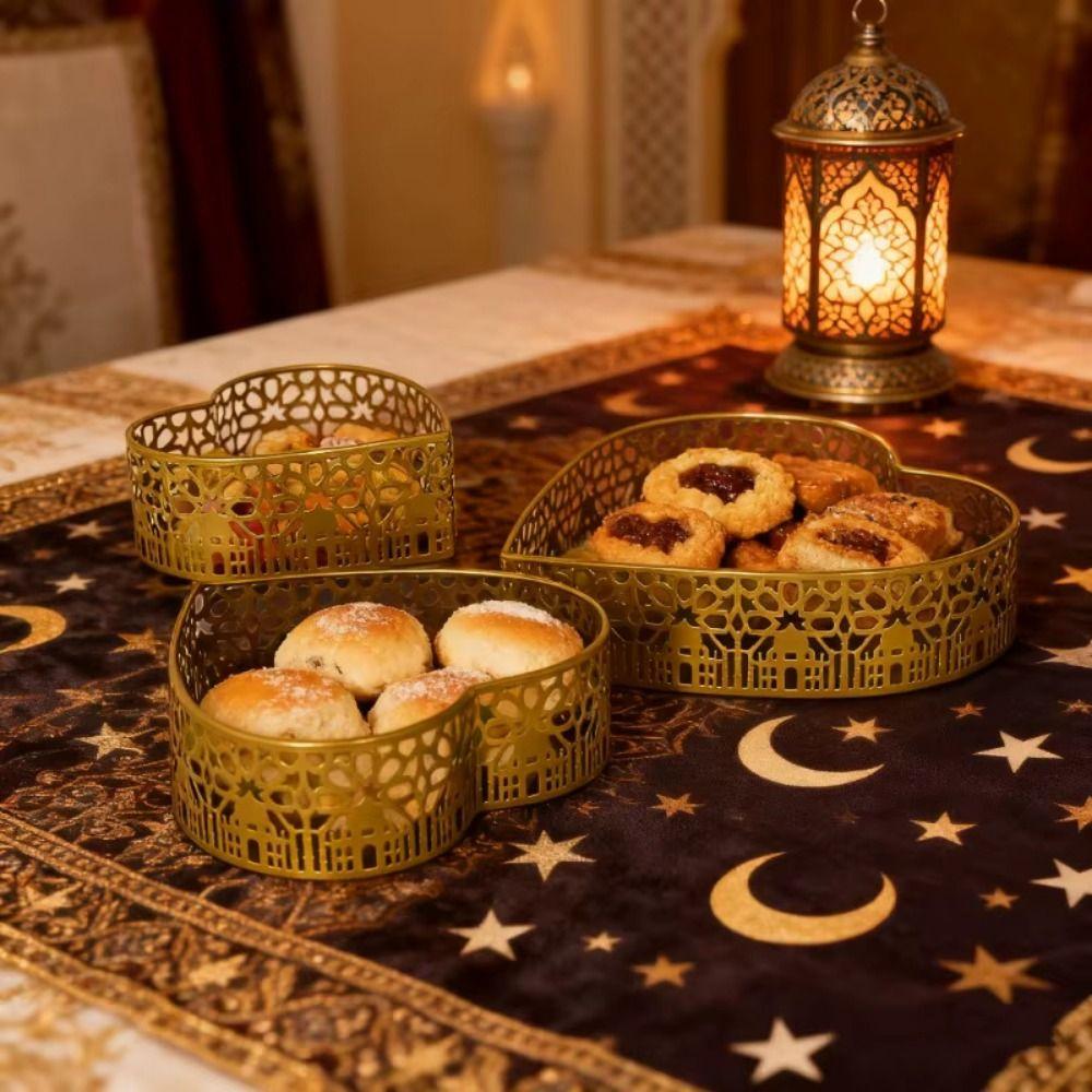 3Pcs Gold Color Ramadan Festival Art Tray Elegant Eid Candy Dish Islamic Holidays