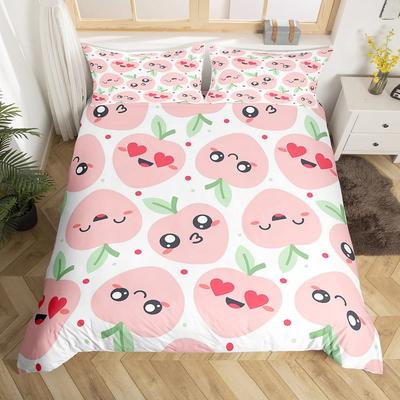 Bettbezug-Set mit Obstmotiv, frischer Pfirsich-Apfel-Cartoon, süßes Kawaii-Muster, Polyester, Bettbezug, Kingsize, für Kinder, Teenager, Erwachsene