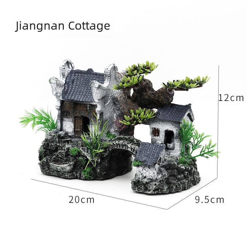 Jiangnan Water Town Fish Tank Landscape: Resin House & Yunhe Tower Aquarium Decor