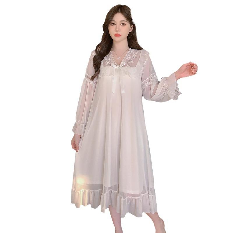 Ling Lei Autumn Solid Color Lace Bow Mesh Court Princess Style Long Nightdress Pajamas Loungewear Women