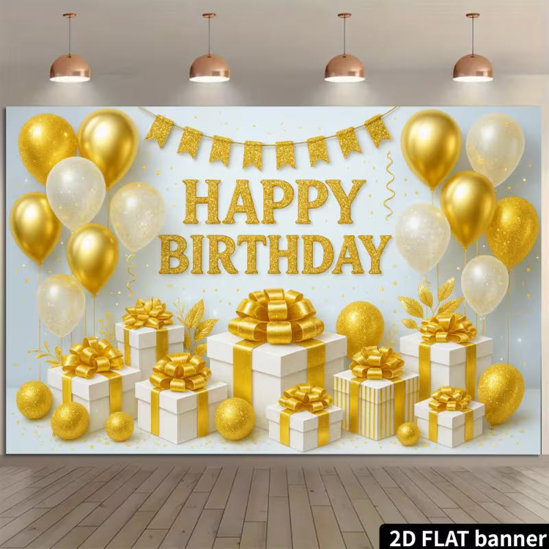 2D Neutral Gold White Birthday Backdrop with Shimmer Confetti & Balloon Garland