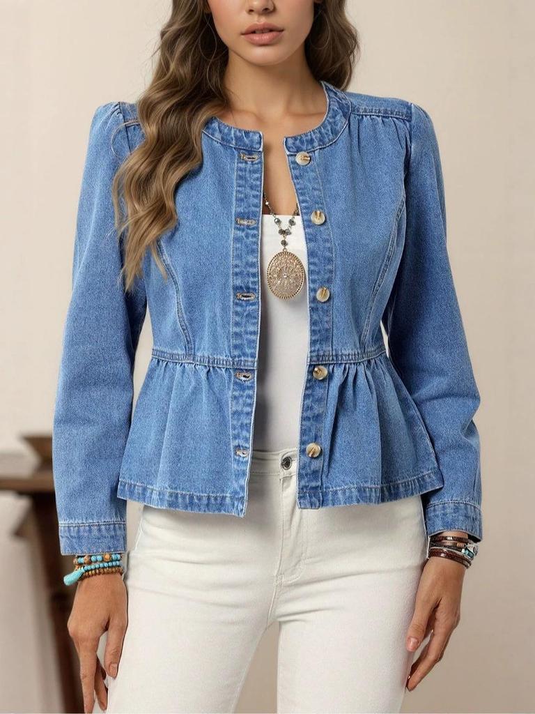 2026 Autumn Women's Casual Solid Color Denim Pullover with Round Neck and Puff Sleeves