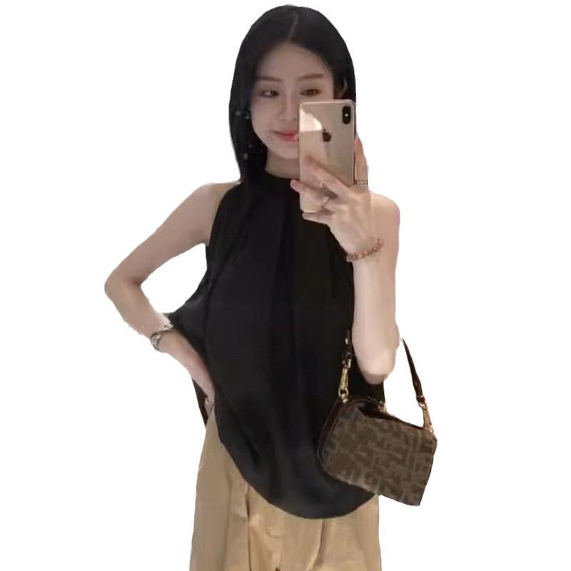 Chic French Blue Pleated Sleeveless Halter Top for Women - Trendy Summer Design