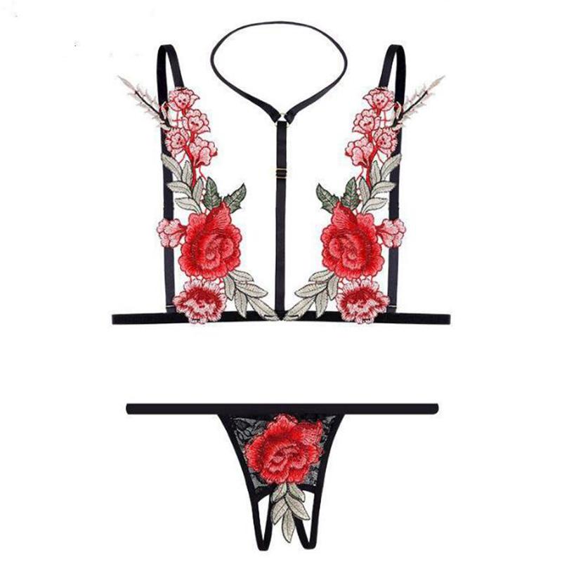 Erotic Rose Embroidered Ultra Sexy Lingerie Set Open Crotch Underwear Bra And Panty Set Porn Sexy Nightdress Bikini