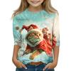 Christmas Day Print Tops For Youth Girls 5-16 Years Round Neck 3/4 Sleeves T-Shirts Trendy Tops Outfit Tees