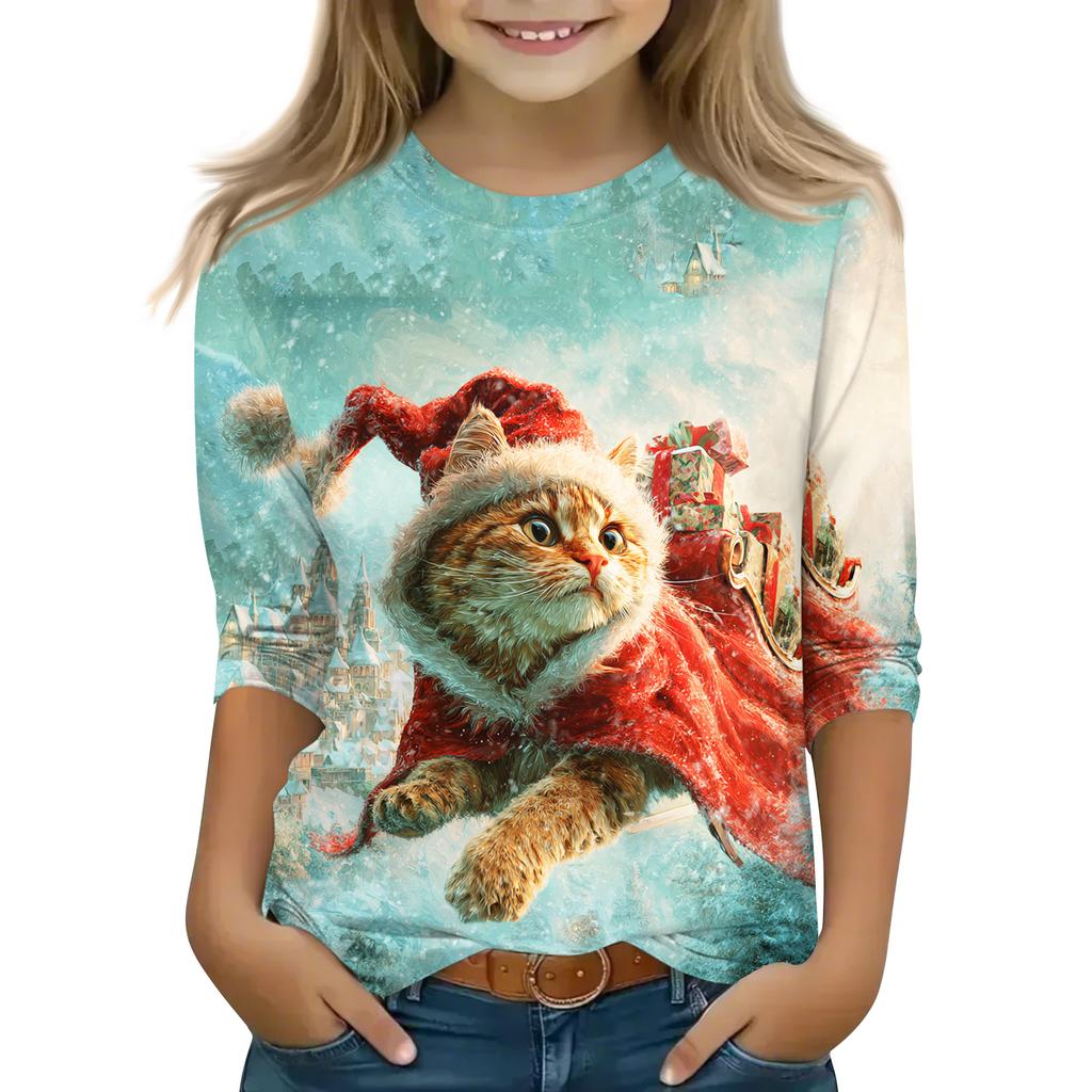 Christmas Day Print Tops For Youth Girls 5-16 Years Round Neck 3/4 Sleeves T-Shirts Trendy Tops Outfit Tees