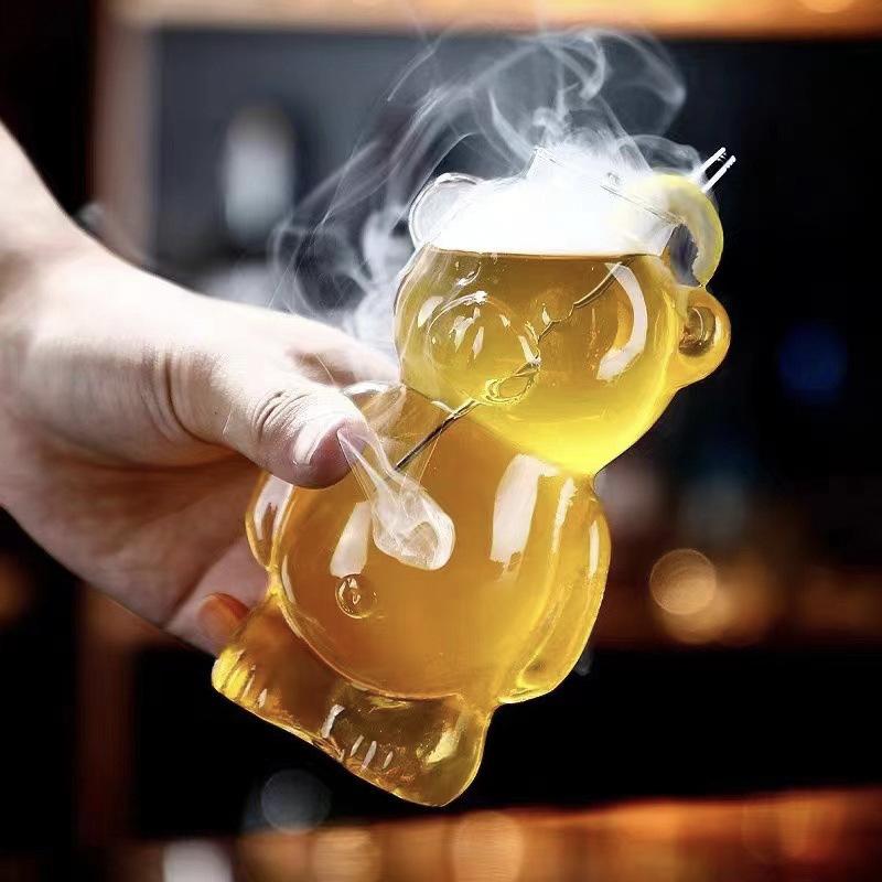 Cute Bear-Shaped Glass Drinkware Cups with Straw Household Kitchen Creativity Cartoon Cocktail Champagne Glass Coffee Mugs Gifts