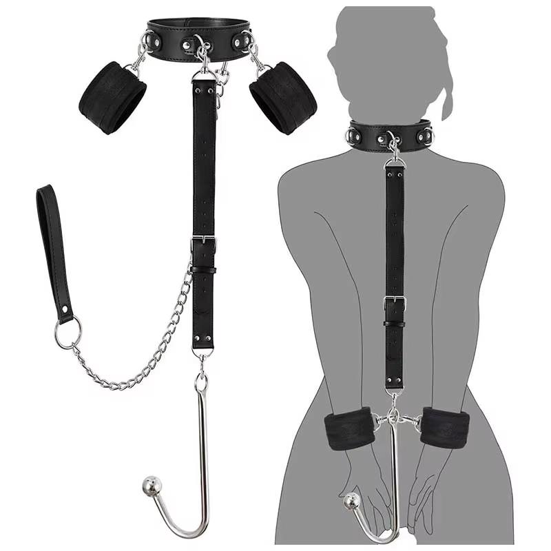 BDSM Sex Bondage Restriksjoner Kit Lær Lårsele Brystbelte Bak Ryggen Håndjern Åpne Ben SM Slave Fetisj Analkrok