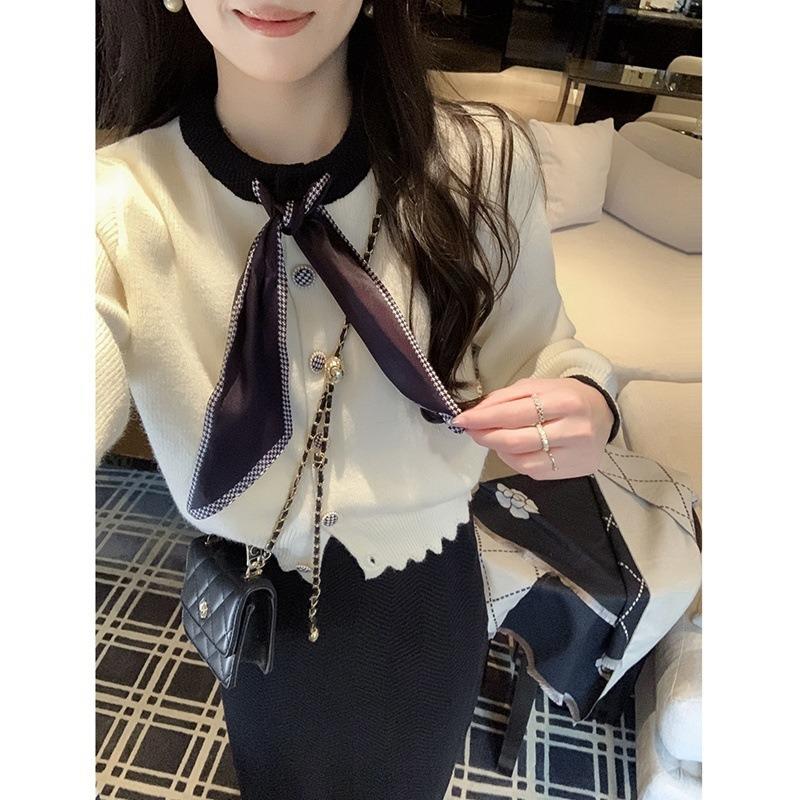 Autumn and Winter New Bow-tie Sweater Cardigan Small Gentle Wind Round Neck Knitted Top Women