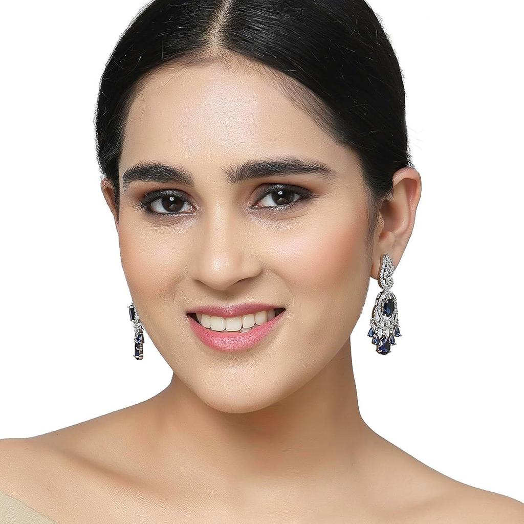 Rhodium-Plated American Diamond Studded Oval & Leaf Shaped Drop Earrings For Girls and Women