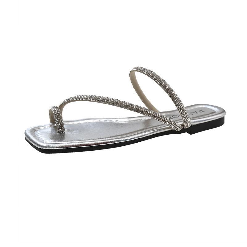-Women's shoes cool slippers women's summer new wear rhinestone sandals one-word low-heeled flat slippers