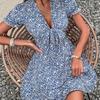 Summer Women Floral Print High Waist Dress with Bow Detail V Neck Short Sleeve