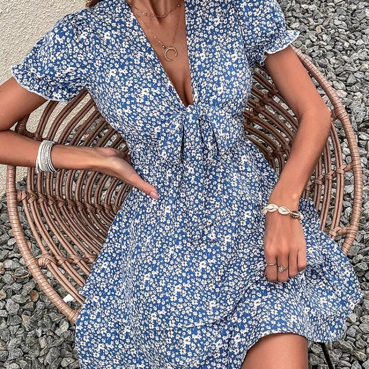 Summer Women Floral Print High Waist Dress with Bow Detail V Neck Short Sleeve