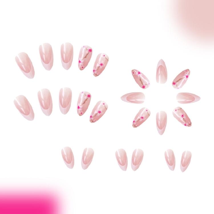 24 Stück Französische Spitze Aufkleber Nägel Glänzend Falsche Nägel Mittlere Mandel Press On Nägel Blumen Künstliche Acryl Nägel