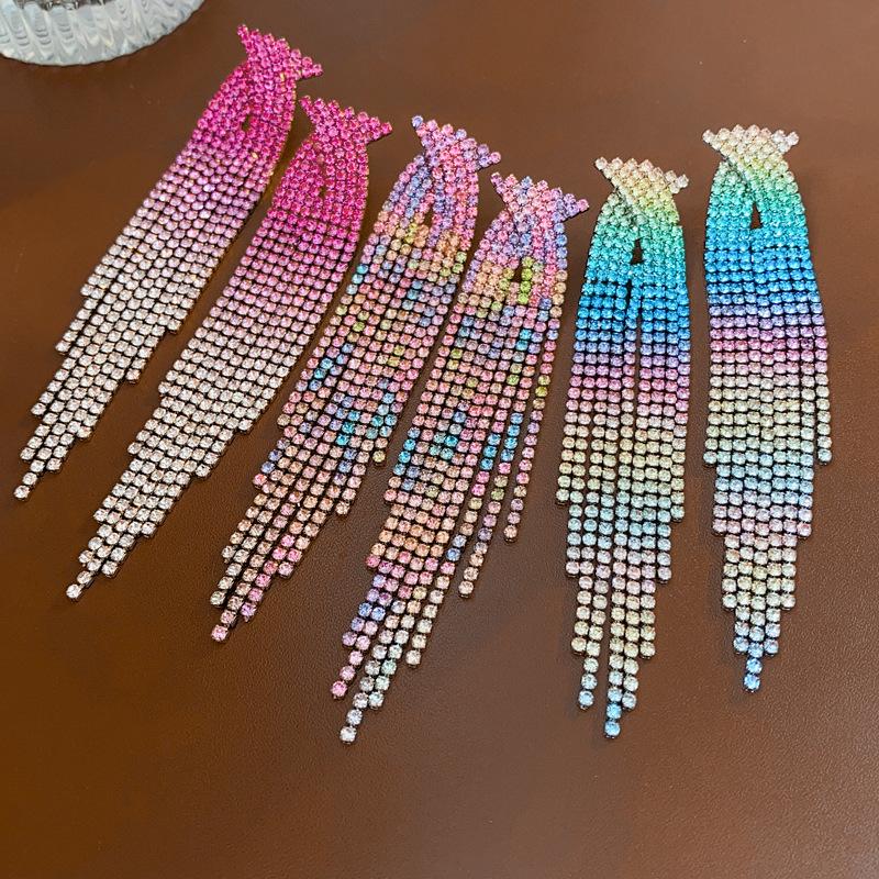 Elegant Rhinestone Tassel Sterling Silver Earrings - Colorful, Individual, Luxurious, High-End Design for Women